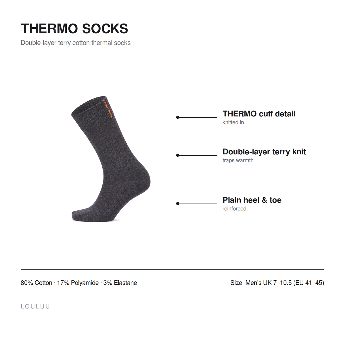 Thermo socks infographic — THERMO cuff detail, double-layer terry knit, plain heel and toe, 80% cotton, men's UK 7–10.5