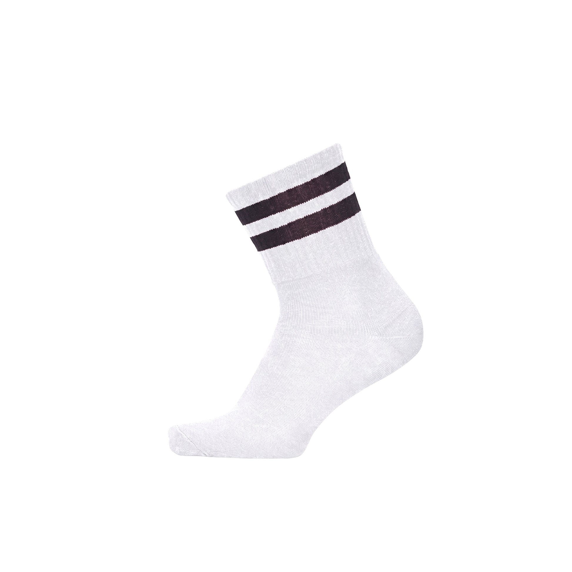 White half-crew sock with black stripes — side view
