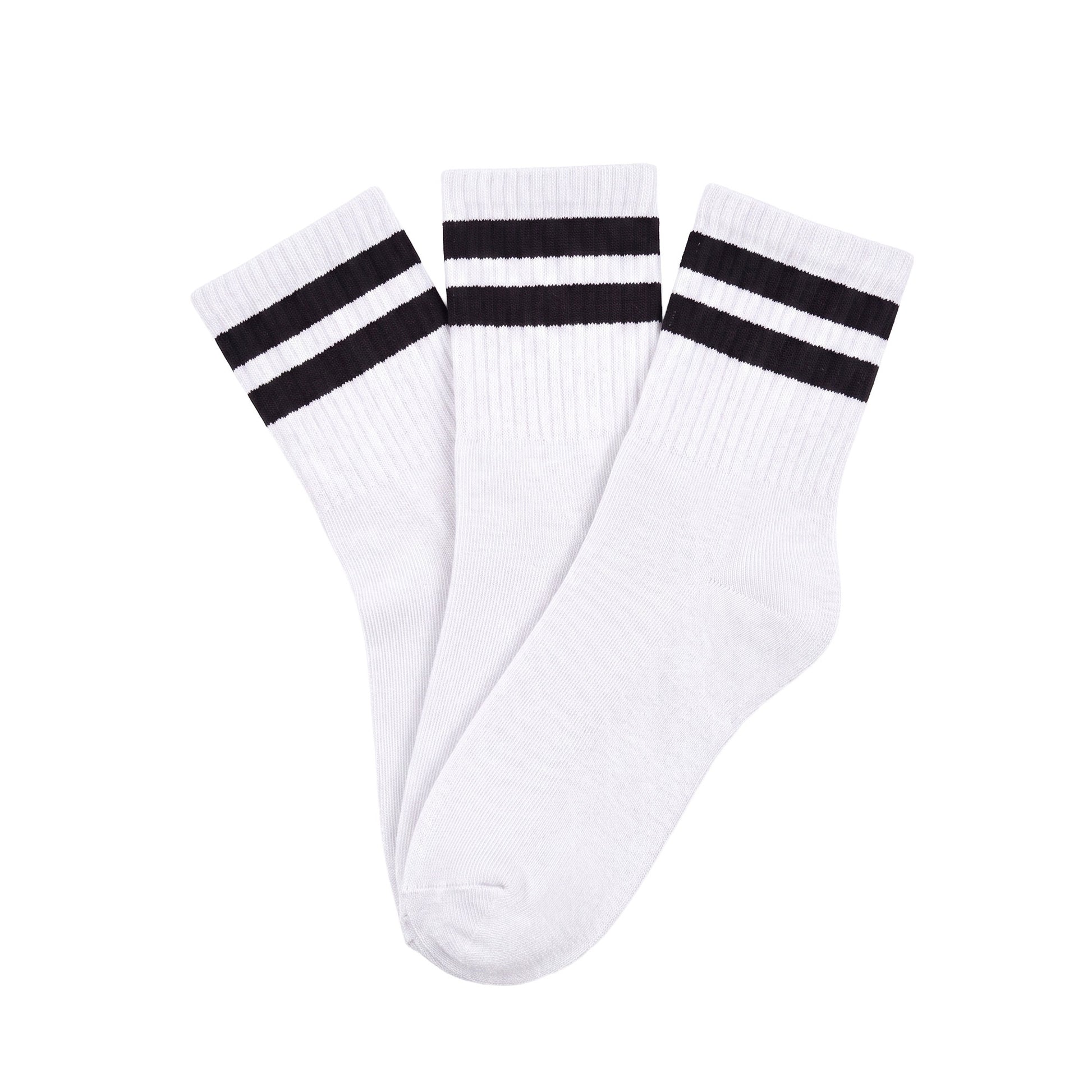Three-pack of white half-crew socks with black stripes