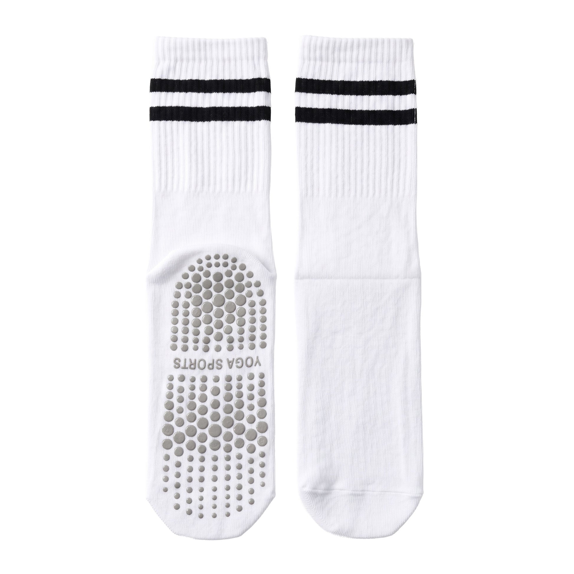 White crew grip socks — ribbed crew with black stripes and non-slip silicone sole