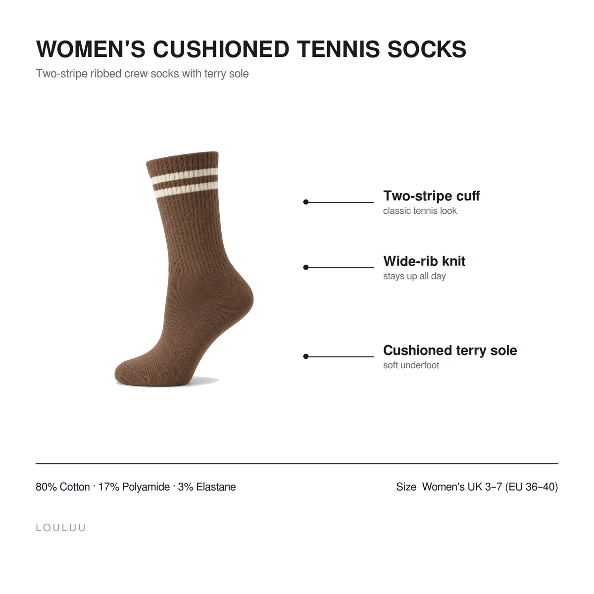 Women's cushioned tennis socks infographic — two-stripe cuff, wide-rib knit, cushioned terry sole, 80% cotton, women's UK 3–7